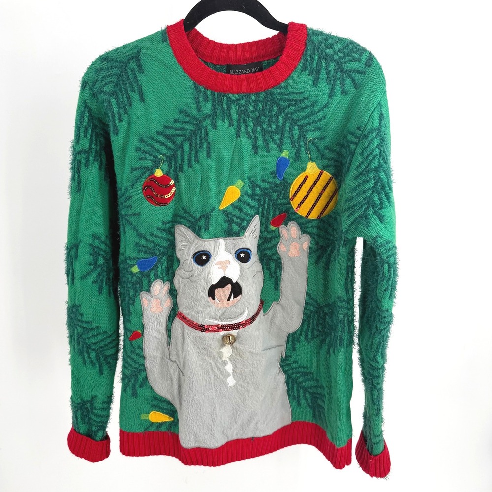 Blizzard Bay Ugly Christmas Sweater M Green Cat with Bell Sequin Holiday Festive